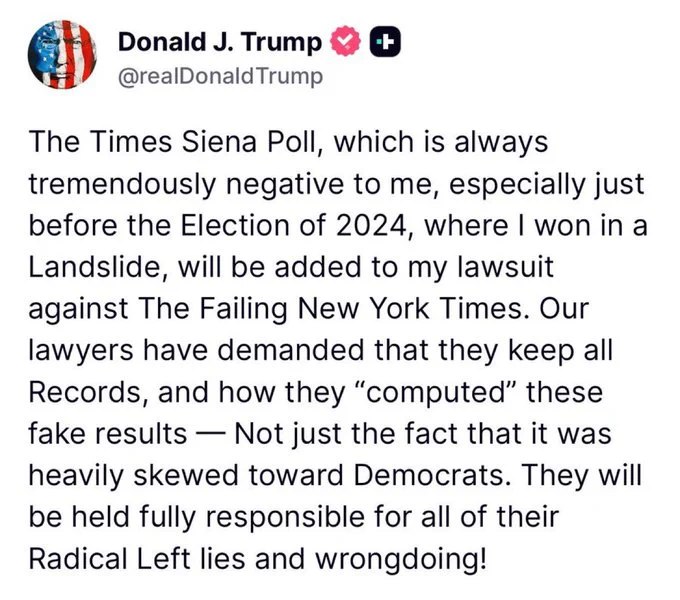 川普表示，泰晤士报-锡耶纳民调将被加入他对纽约时报的诉讼中