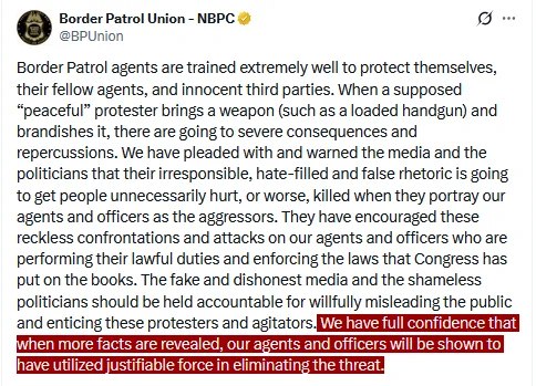 边境巡逻队工会在明尼阿波利斯一名男子遭枪击身亡后发表声明：