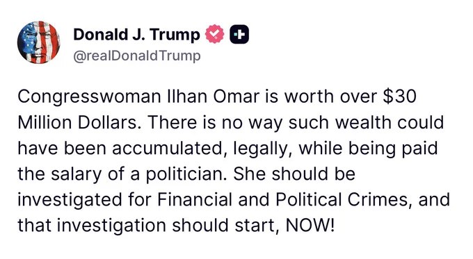 川普：国会女议员伊尔汗·奥马尔身价超过3000万美元
