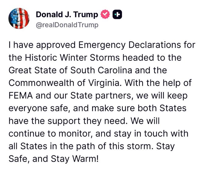 川普总统已批准针对历史性冬季风暴的紧急状态声明