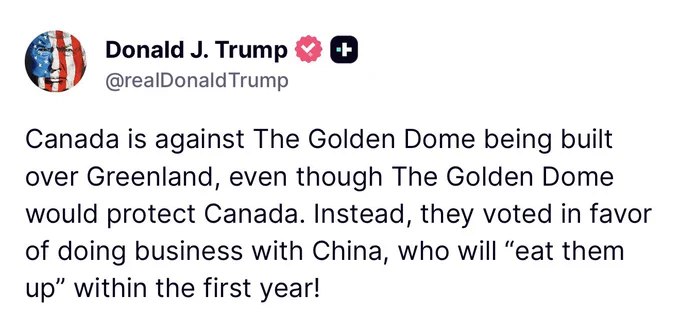 川普：加拿大反对在格陵兰上空建造