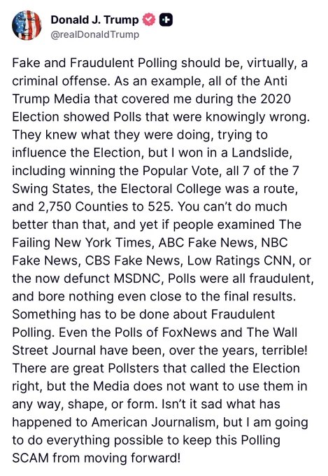 川普：虚假和欺诈性的民调应该被视为刑事犯罪