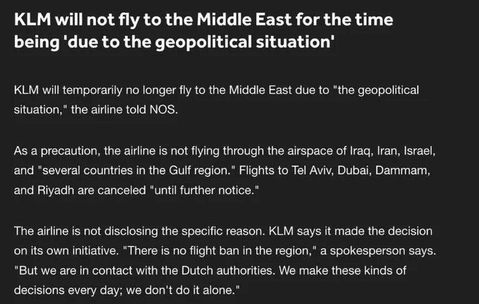 KLM荷兰皇家航空宣布，由于